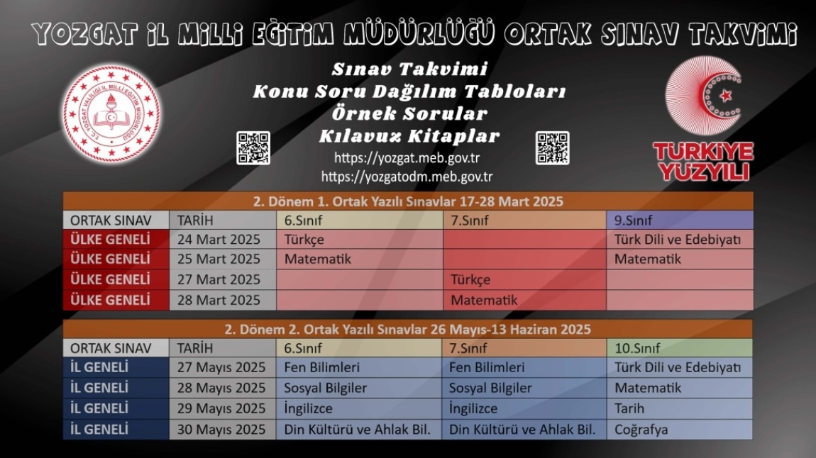 2024-2025 YOZGAT İL MİLLİ EĞİTİM MÜDÜRLÜĞÜ II. DÖNEM ORTAK SINAVLAR TAKVİMİ